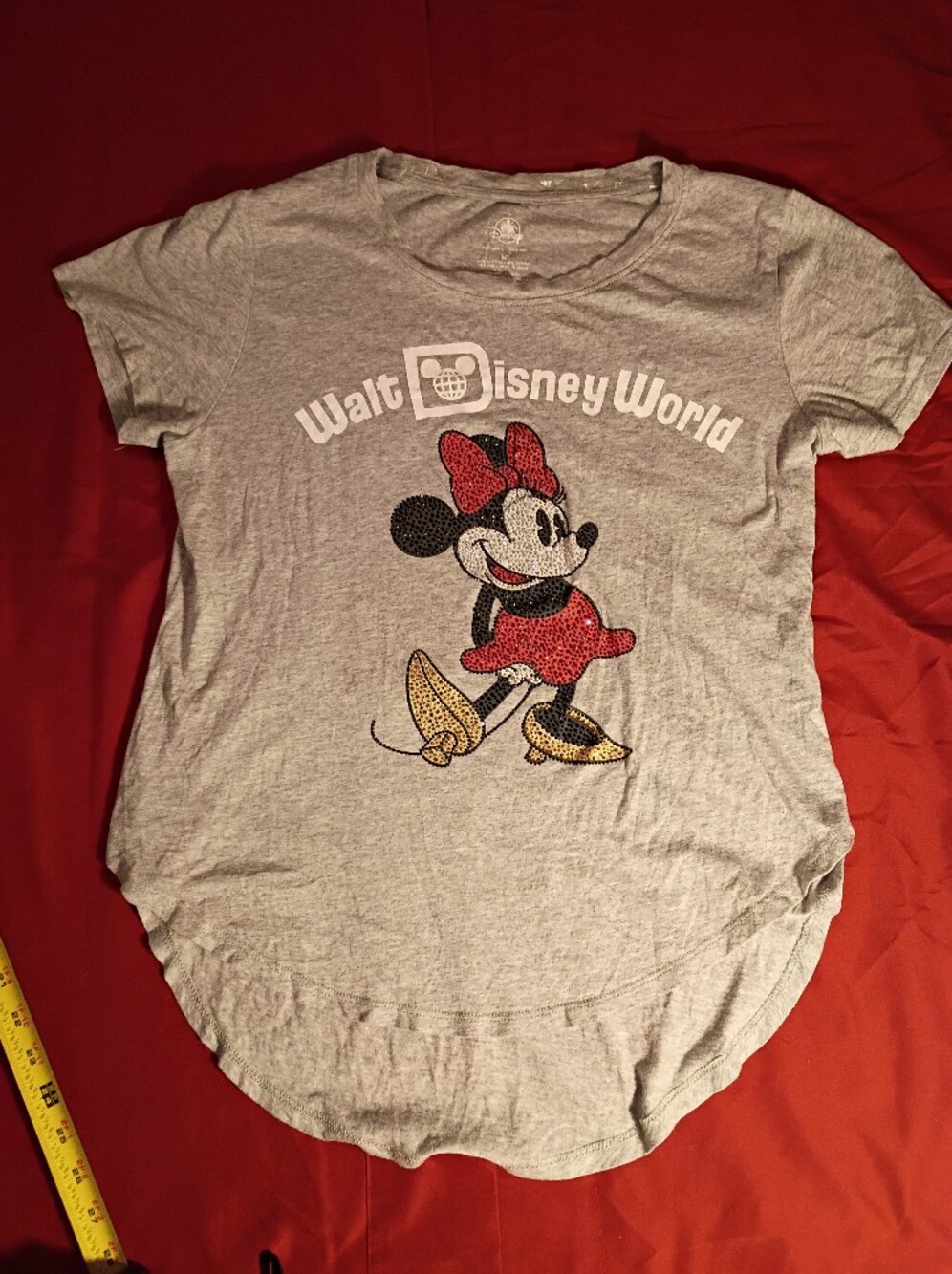 Disney Gray Minnie Mouse Rhinestone Tee with Red Bow